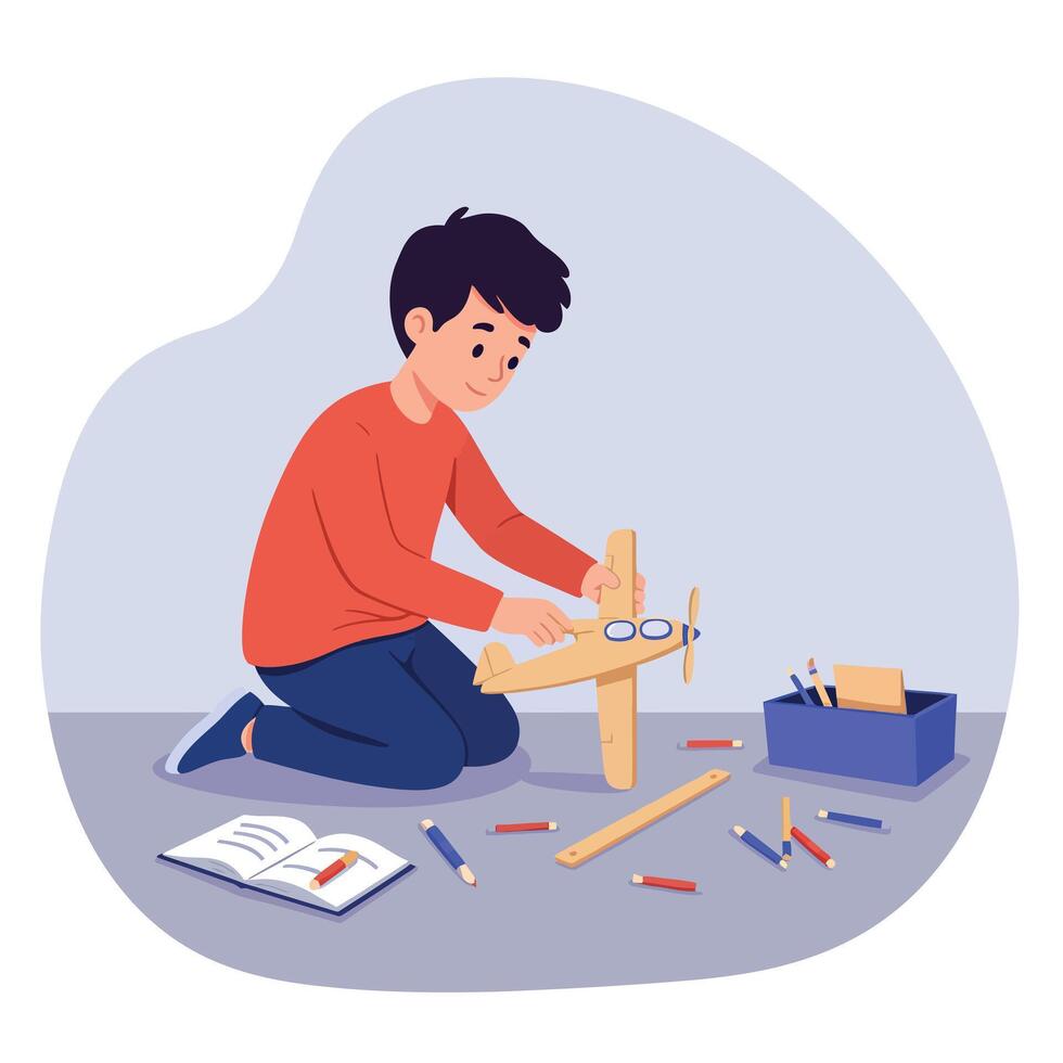A young boy assembling a wooden airplane model on the floor in a playful and creative atmosphere, using tools and colorful markers in flat art vector