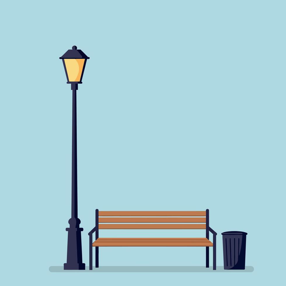 A wooden park bench beside a black trash can and a street lamp in a minimal illustration vector