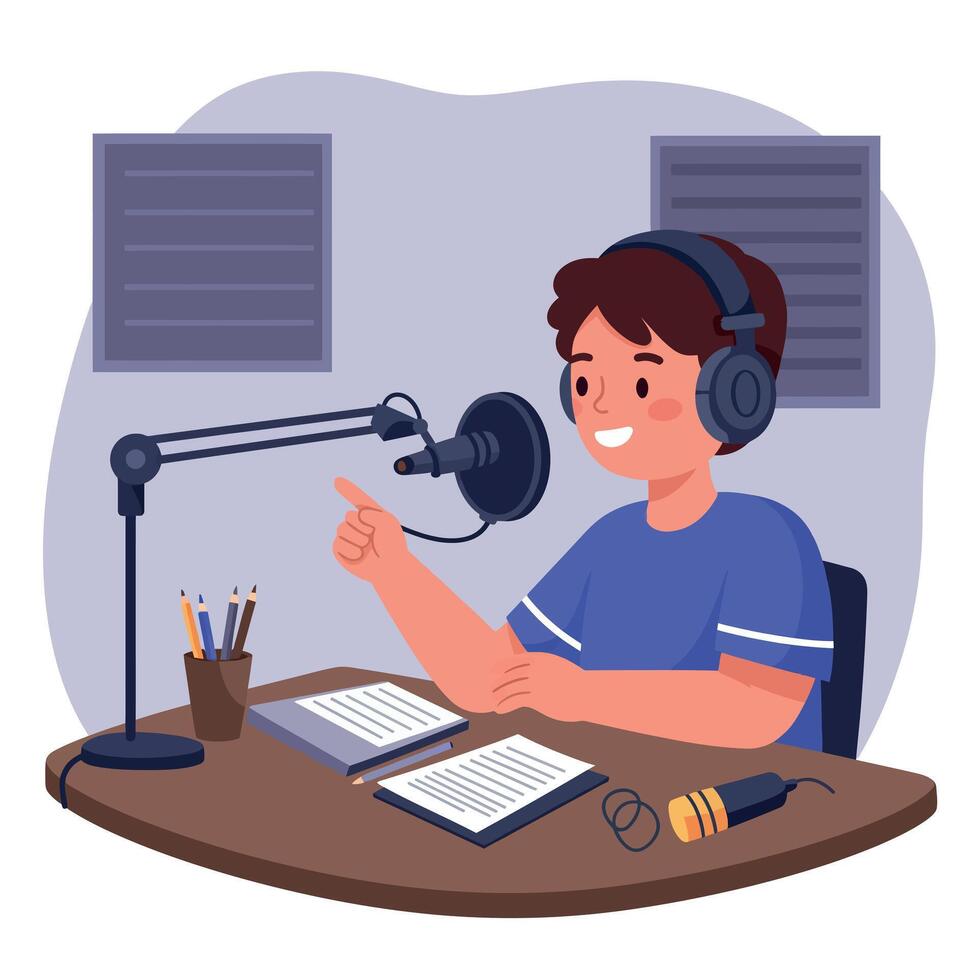Young man engaging in a lively podcast session while wearing headphones in a flat design illustration vector