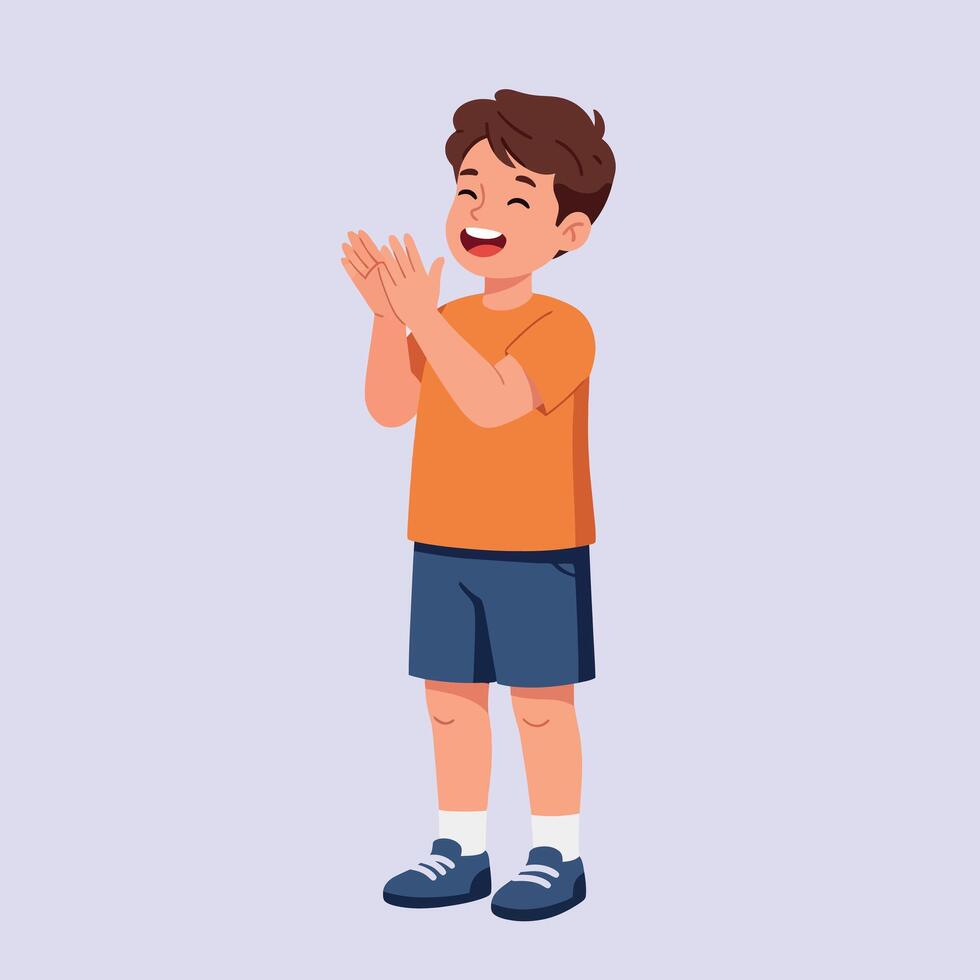 Happy young boy in orange shirt and blue shorts clapping joyfully in a playful flat illustration vector