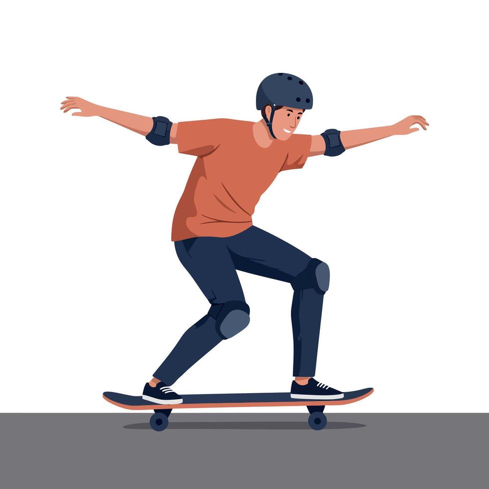A young man performing a skateboard trick in a flat and minimal design style, showcasing excitement and skill in art vector