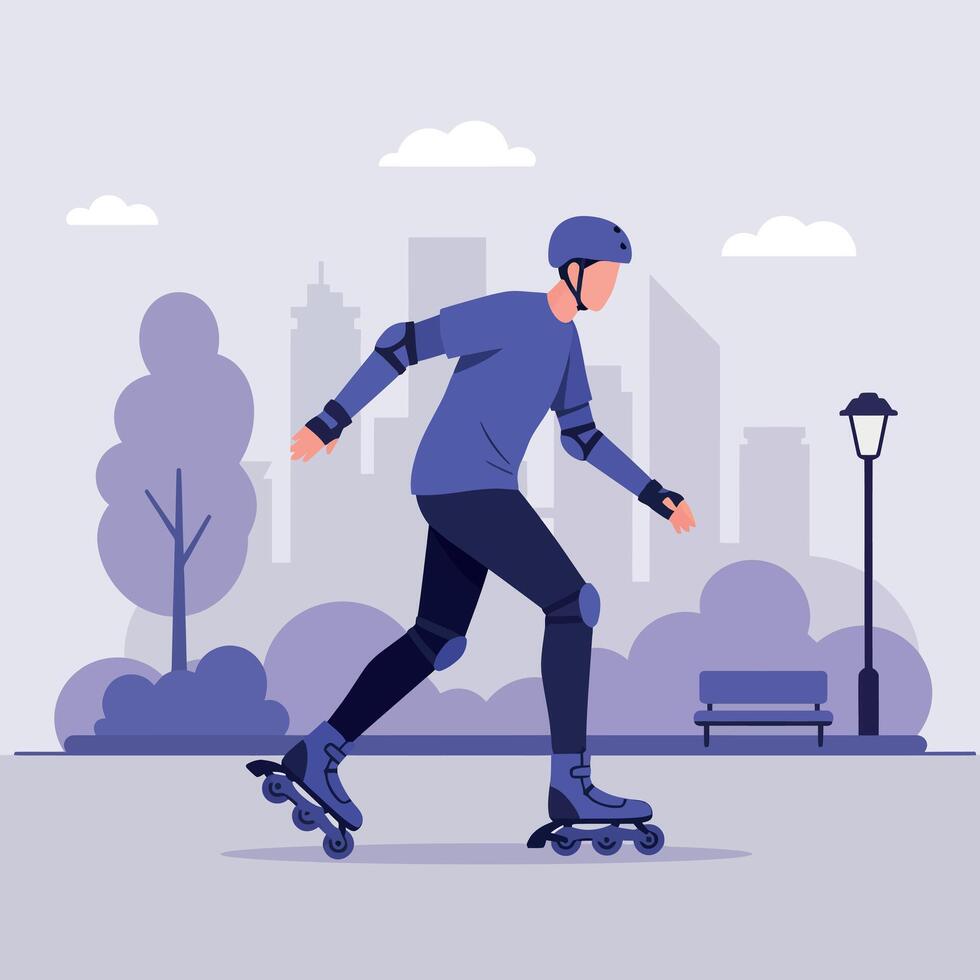 A person skating gracefully in a park setting wearing protective gear, minimal color palette, flat design art vector