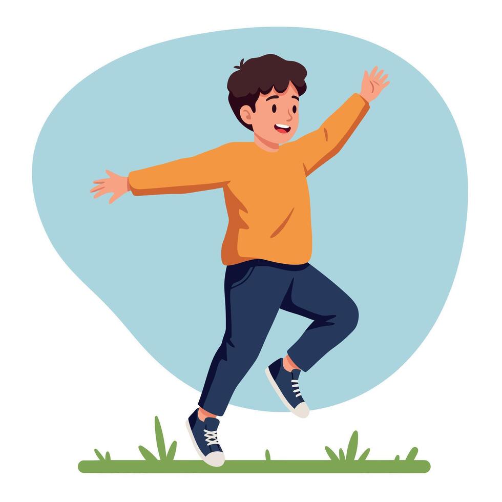 A joyful boy in a vibrant orange sweater playfully skipping across a grassy field in a flat style illustration vector