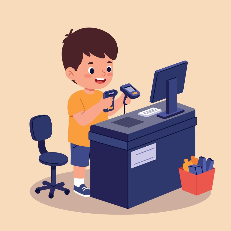 Young boy at a cash register using scanning devices in a flat, cheerful art style vector