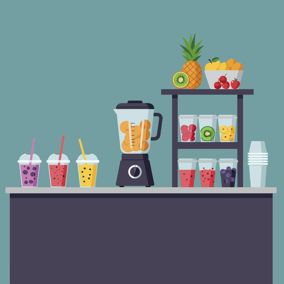 Colorful smoothie bar scene featuring a blender with fresh fruits and various drinks in flat art vector