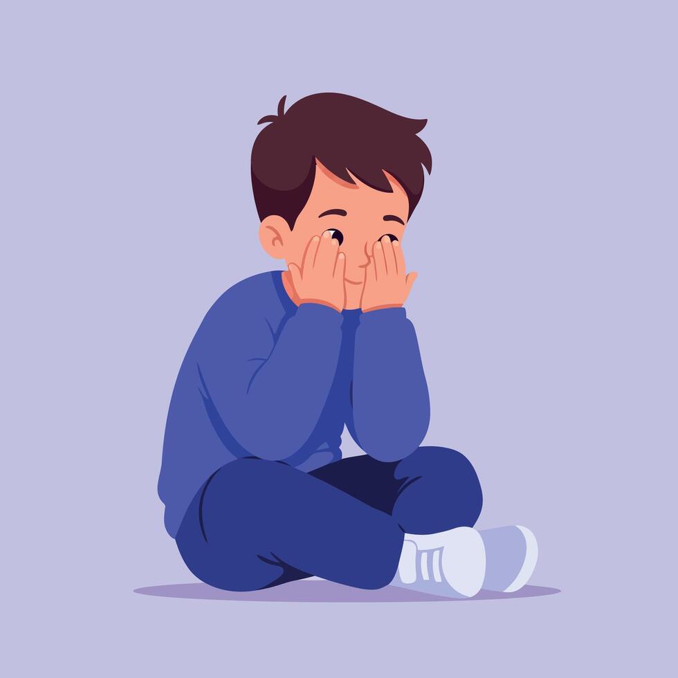 A young boy sitting on the floor with hands on his face in a flat illustration expressing sadness and contemplation in a soft color palette vector