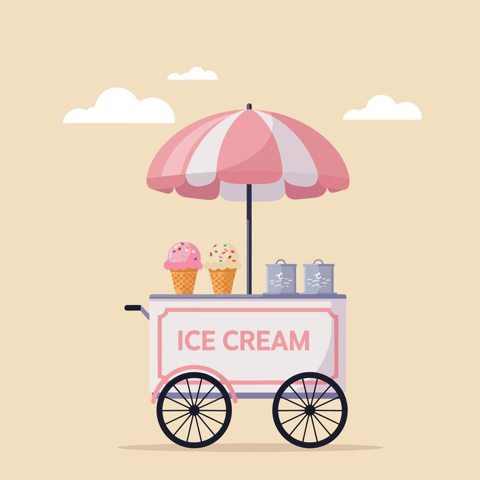 Pink and White Ice Cream Cart with Umbrella in Minimal Flat Style Illustration vector