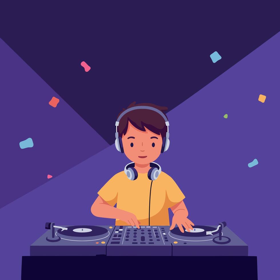 Young DJ with headphones mixing music at a vibrant party in flat art style, surrounded by colorful confetti and energetic atmosphere vector