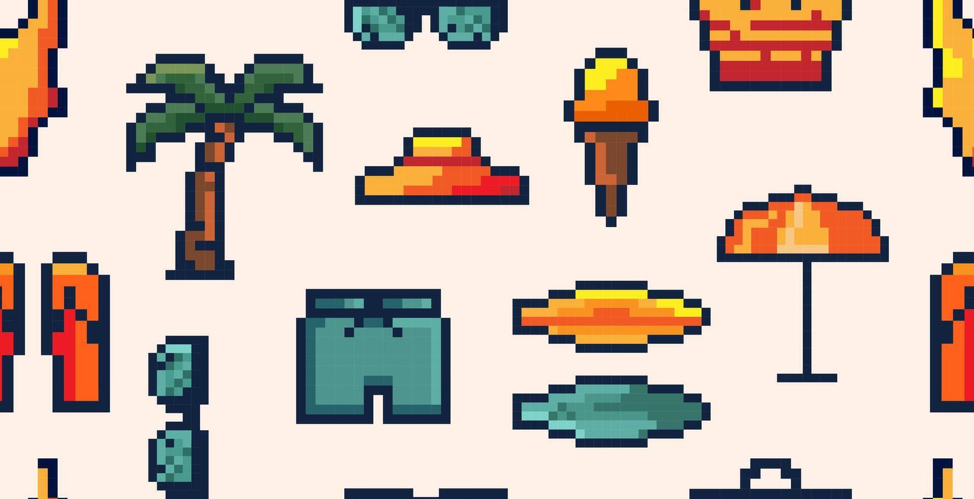 Seamless pattern of pixel art summer icons including palm trees, ice cream, hats, umbrellas, shorts in retro 8 bit style, mobile apps, summer merchandise, fabric print, digital . illustration vector
