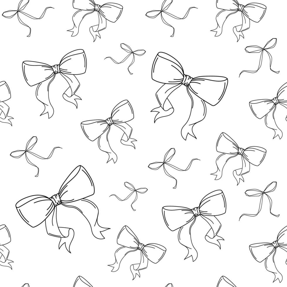 Elegant Ribbon Bows Line Art Seamless Pattern.Seamless black and white pattern Bows in sketch style, ideal for gift wrap, fabric design, stationery, or holiday packaging. illustration vector