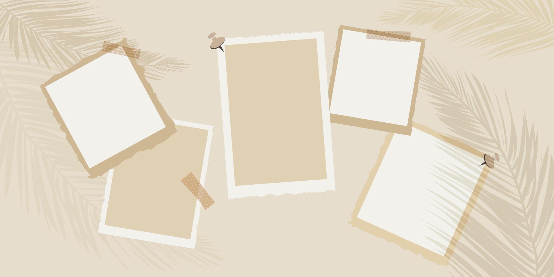 Aesthetic Photo Frame set Collage on Beige Background with Palm leaves shadows.Frames with tape and pins on neutral background.Scrapbooking, memory collages, social media templates. illustration vector