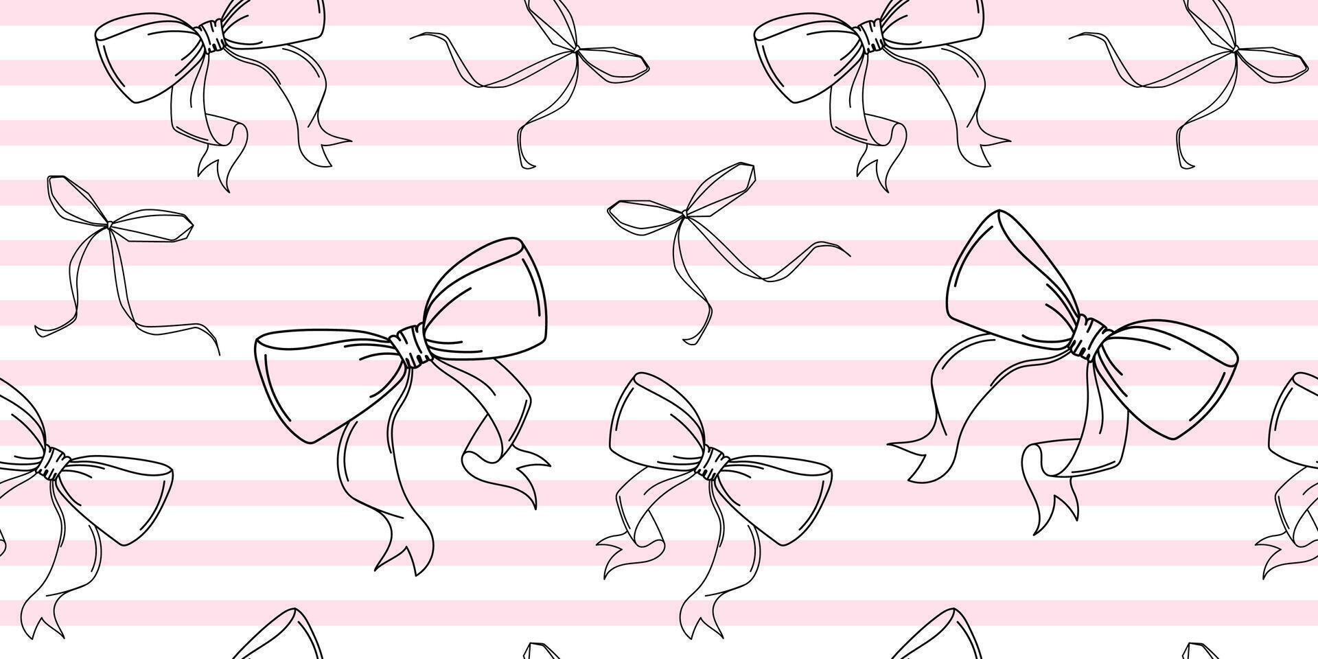 Seamless Bow Pattern with Pink Striped Background.Seamless pattern featuring hand-drawn black bow illustrations on a soft pink and white striped background vector