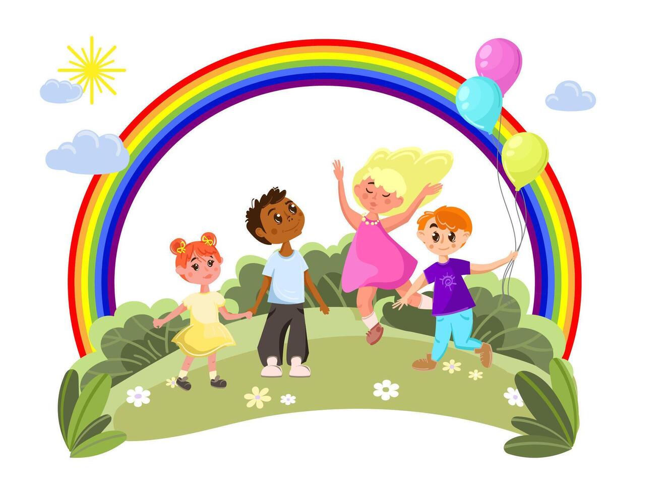 Group of happy children playing outdoors under rainbow . illustration for concepts of childhood, friendship, diversity joy, education,posters, storybooks, school materials,kids related websites vector