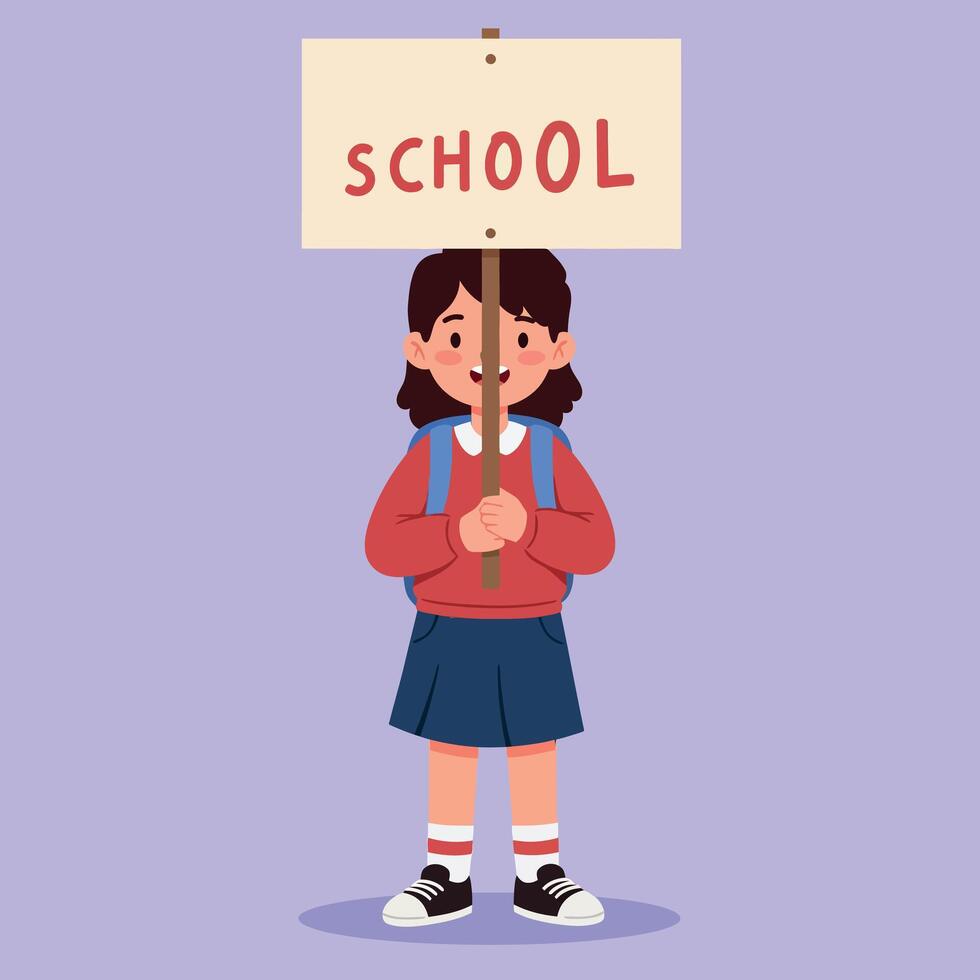 Young girl holding a sign that says school in a flat and colorful illustration, showcasing determination and a call for attention in a playful setting vector