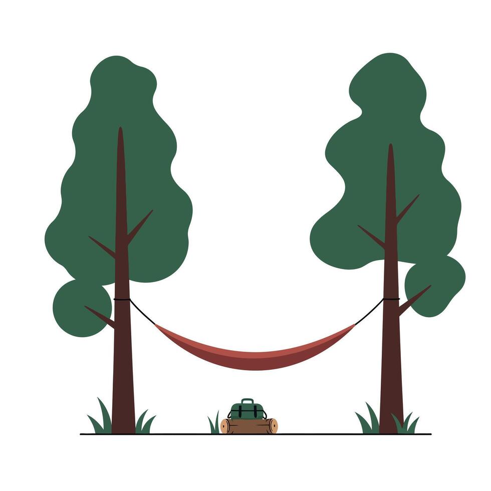 A cozy hammock suspended between two tall trees in a serene forest setting, featuring a minimalistic and flat design style, perfect for relaxation art vector