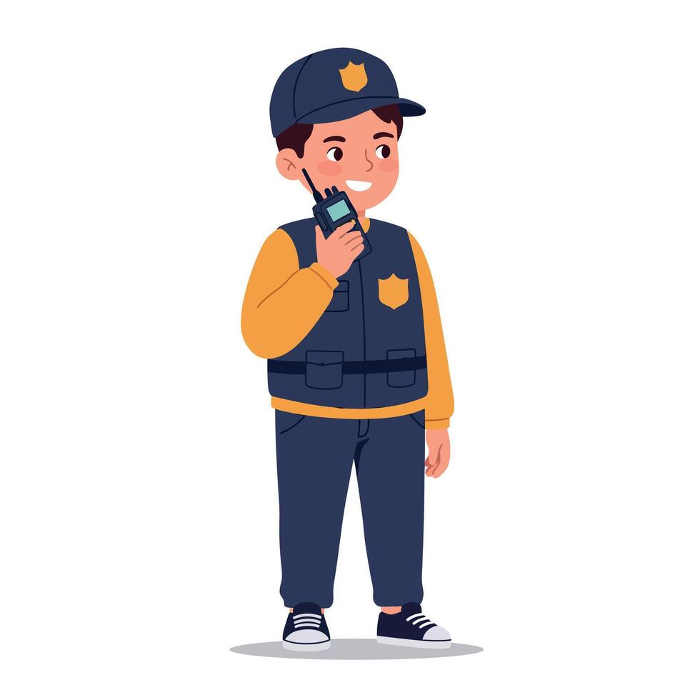 Young boy in police uniform communicating with a radio in a flat design illustration vector