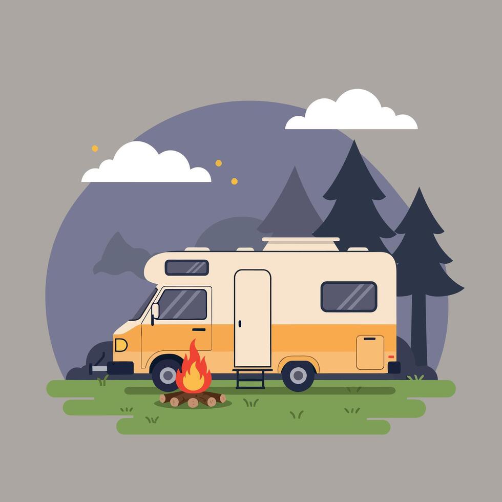 Camper Van in Serene Forest Setting with Campfire in Minimalist Flat Art vector