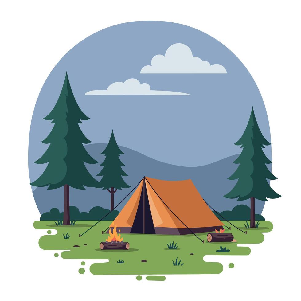 Camping scene with an orange tent and a warm fire surrounded by tall green trees in a flat illustration vector