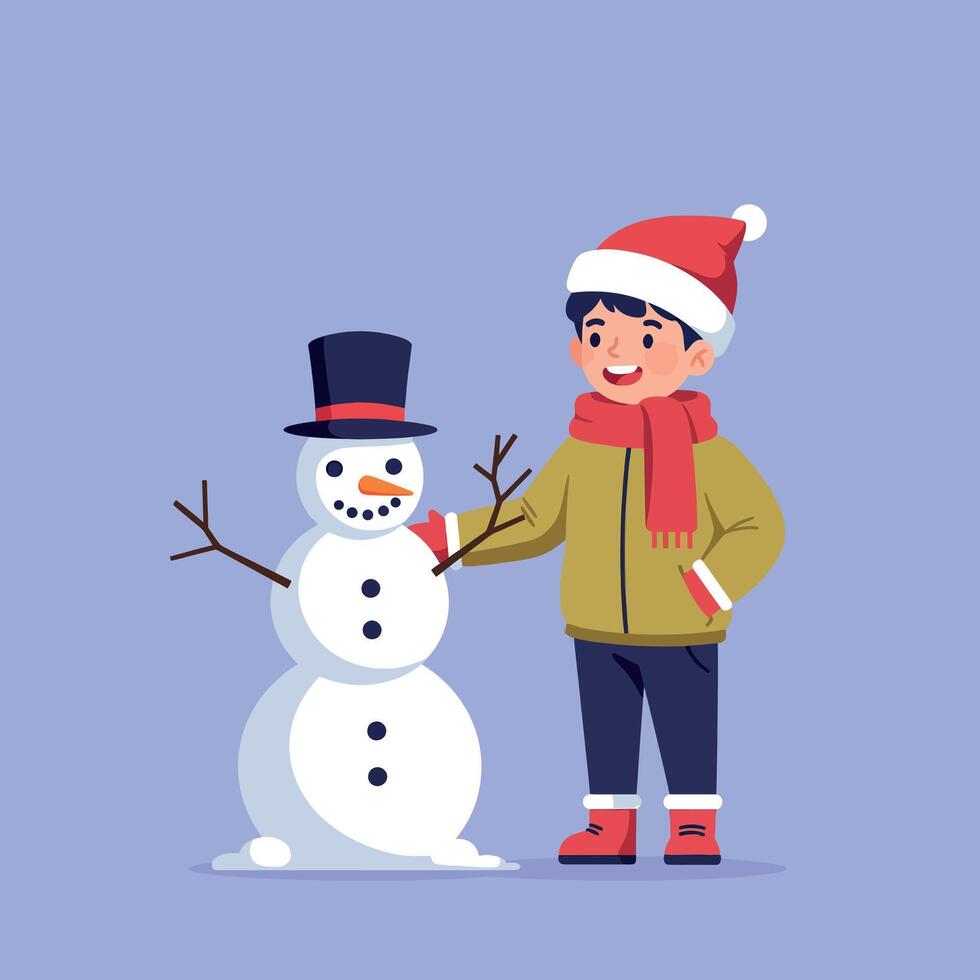 Young boy in winter attire smiling joyfully while building a snowman in flat art style, showcasing the spirit of the holiday season vector
