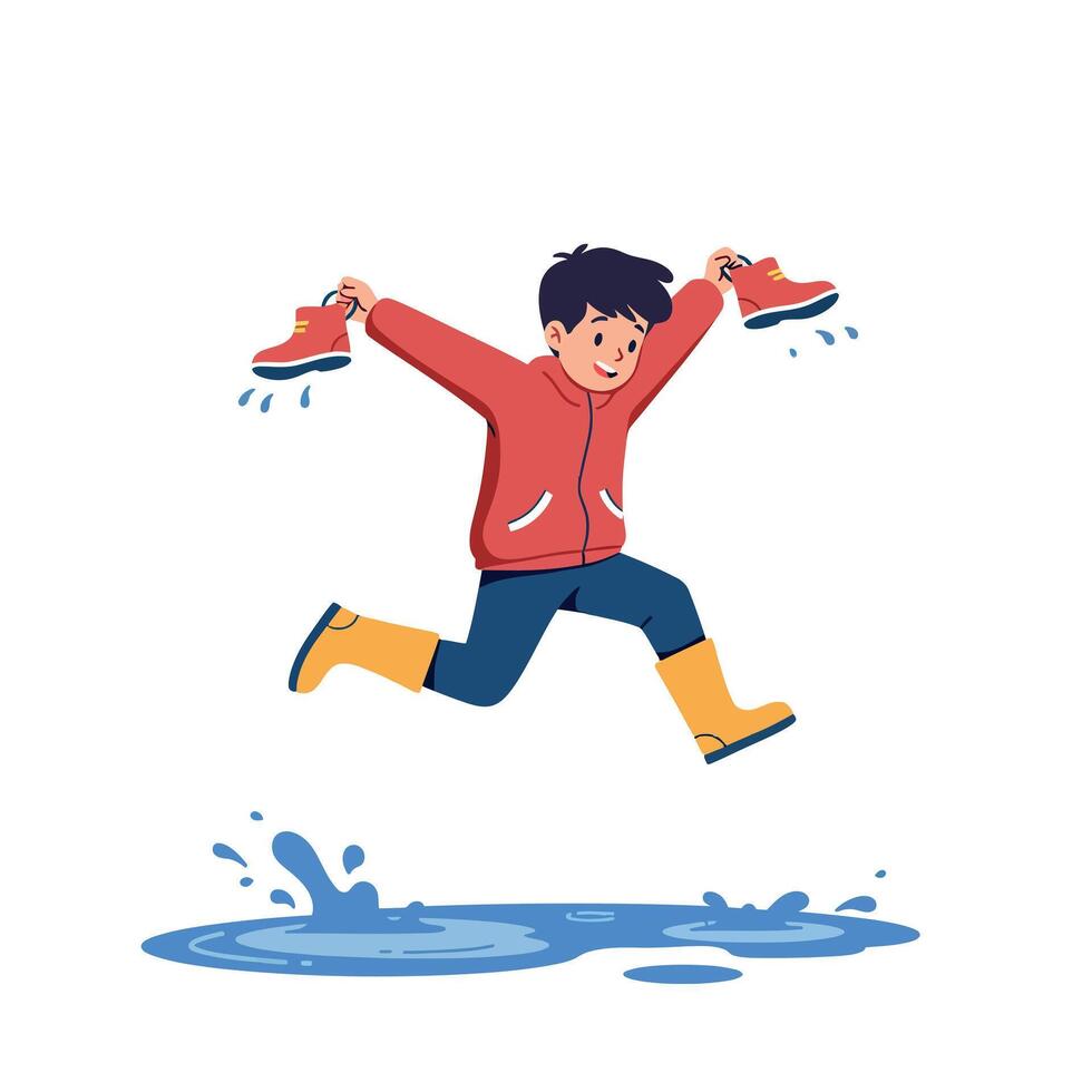 A cheerful boy jumping over a puddle while holding his red shoes in a playful manner, illustrated in a bright and colorful flat art vector