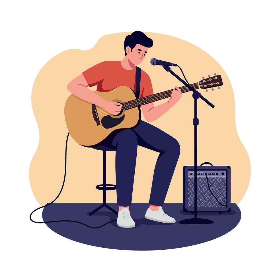 A young man playing acoustic guitar while singing into a microphone in a minimal flat design art vector