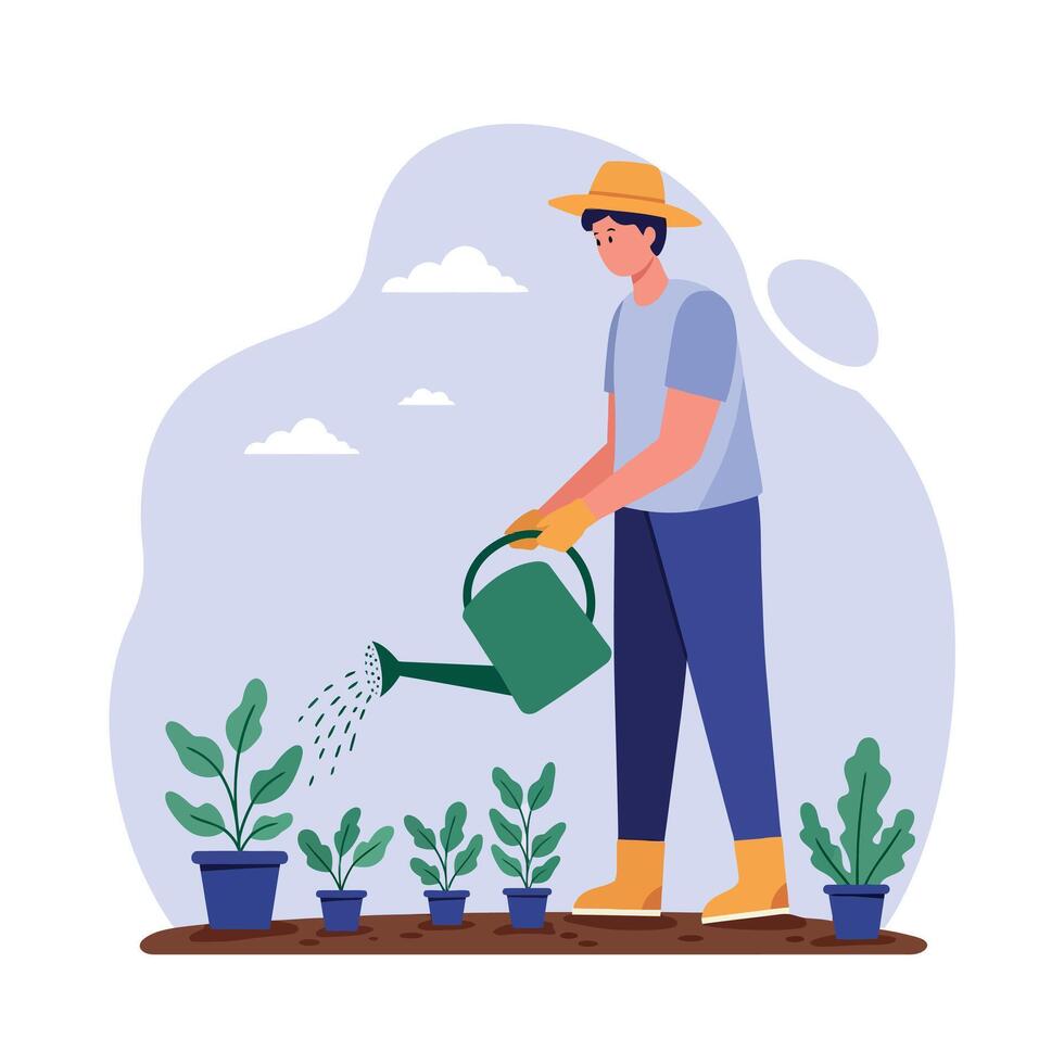 A person watering potted plants in a garden with a green watering can, flat art showcasing growth and nurturing in a peaceful setting vector