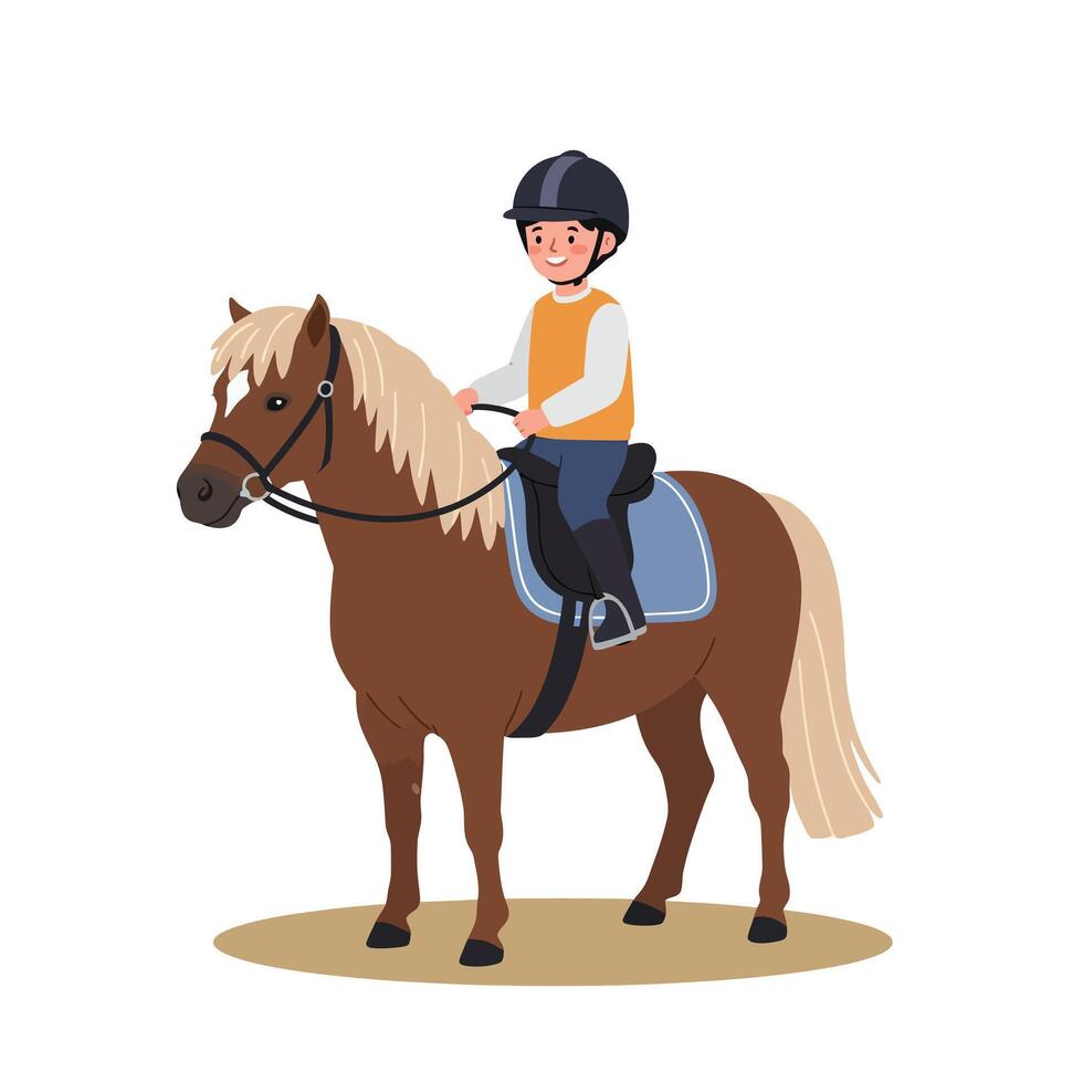 A young rider with a smile confidently sits on a brown pony in flat art style, showcasing joy and connection with the horse. vector