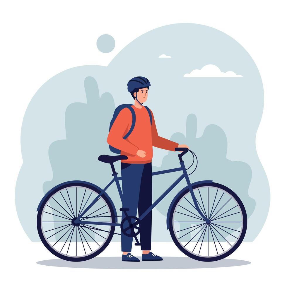 A young man standing beside his bicycle in a casual outfit, showcasing a flat and minimal design style in art vector