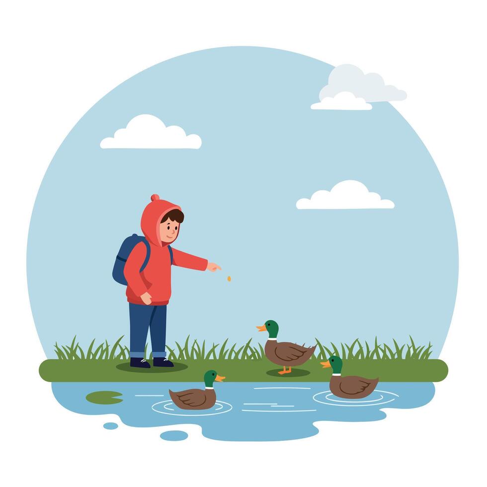 A young boy in a red hoodie feeding ducks at a serene pond, flat illustration vector