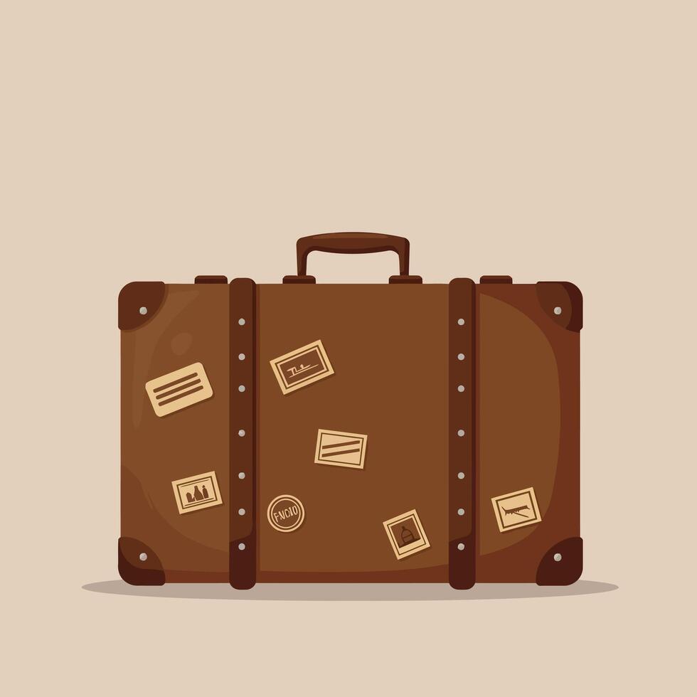 Vintage Brown Suitcase with Travel Stickers in Minimal Flat Art vector