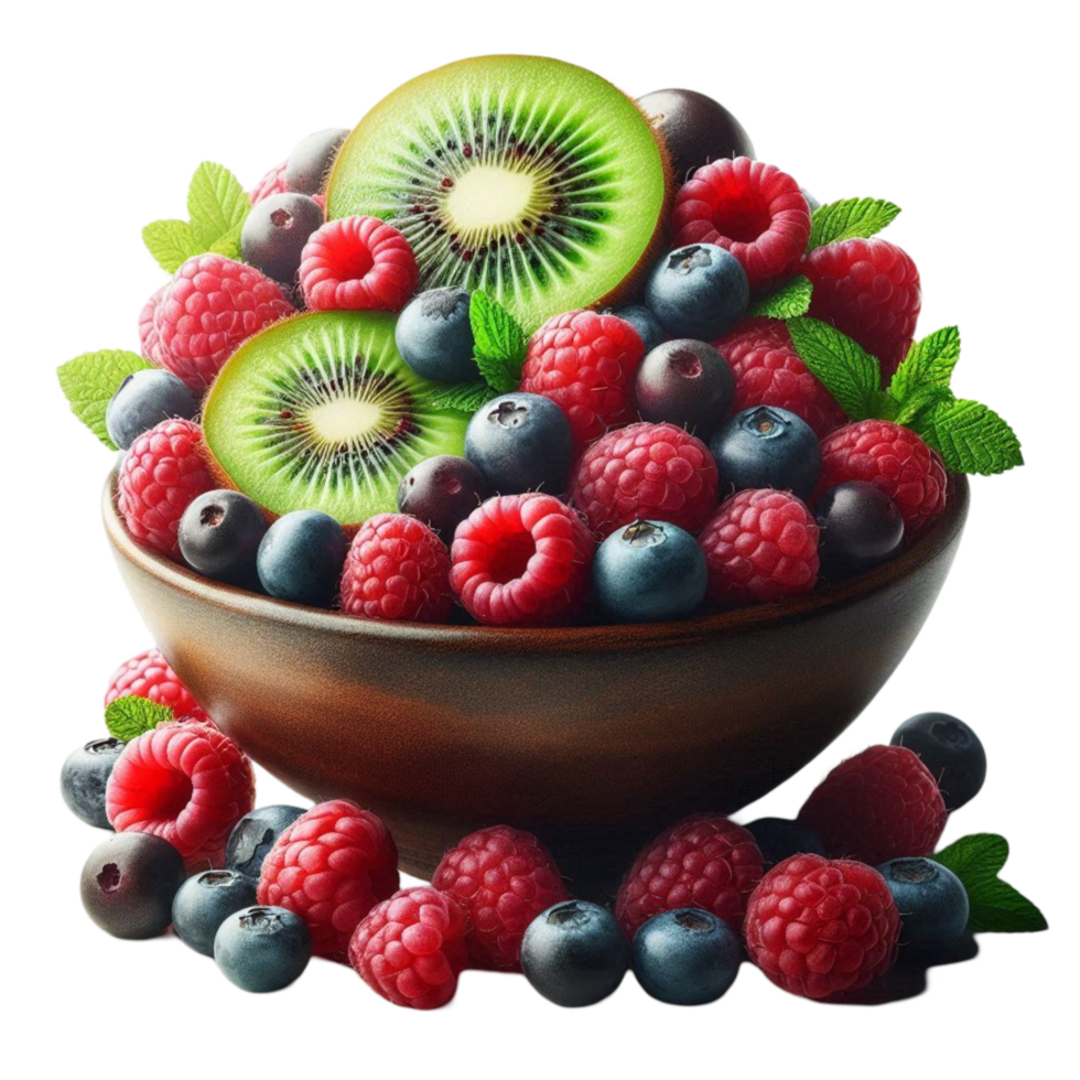 Mixed Berries and Kiwi in Wooden Bowl png