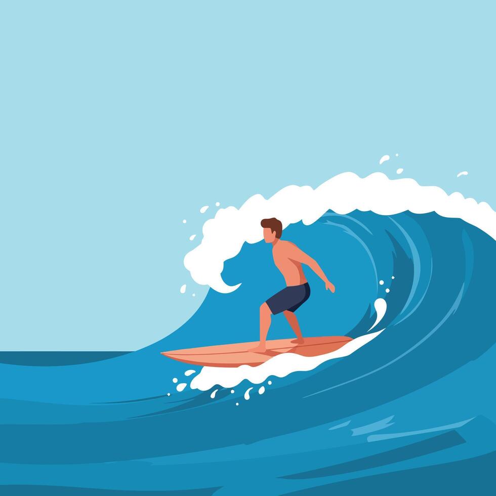 A surfer riding a vibrant blue wave with skill and excitement in a flat illustration vector