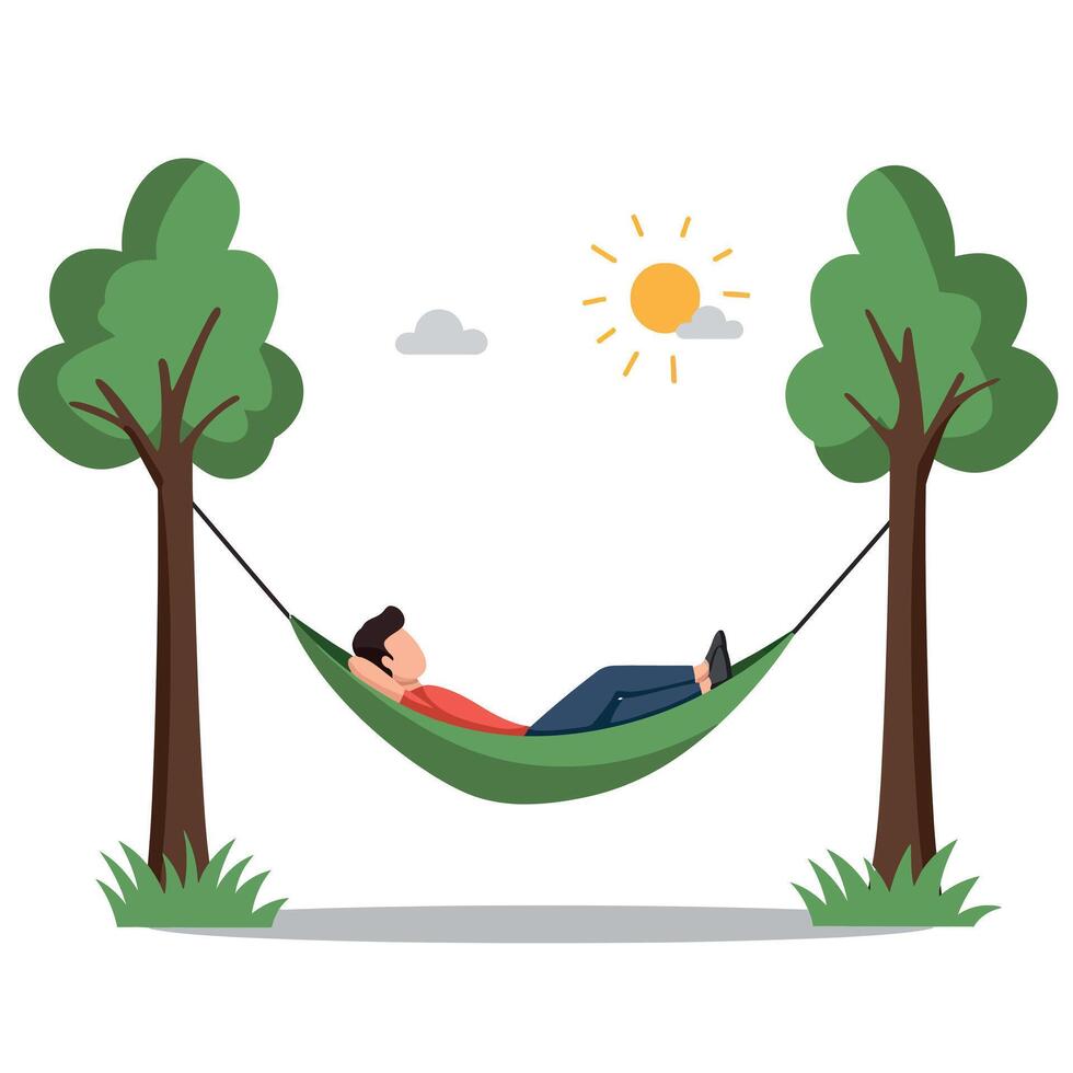 Relaxed man lying in a green hammock between two trees in a flat design illustration vector