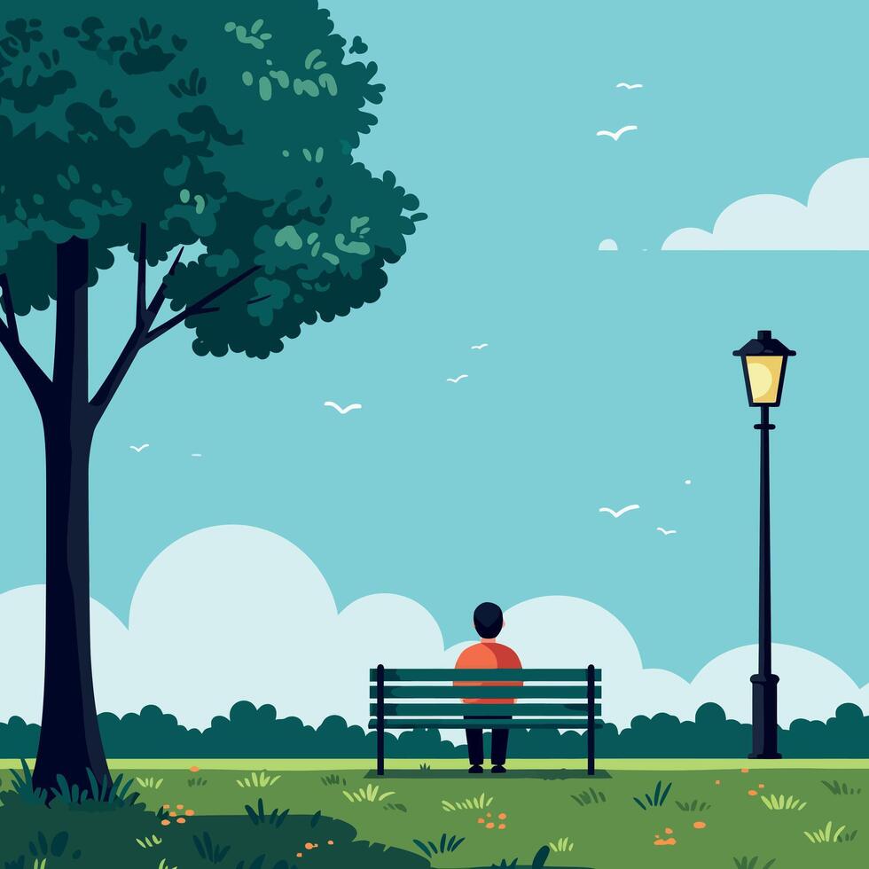 A solitary figure sitting on a park bench under a large tree in a serene flat illustration with soft clouds and distant birds in the sky art vector