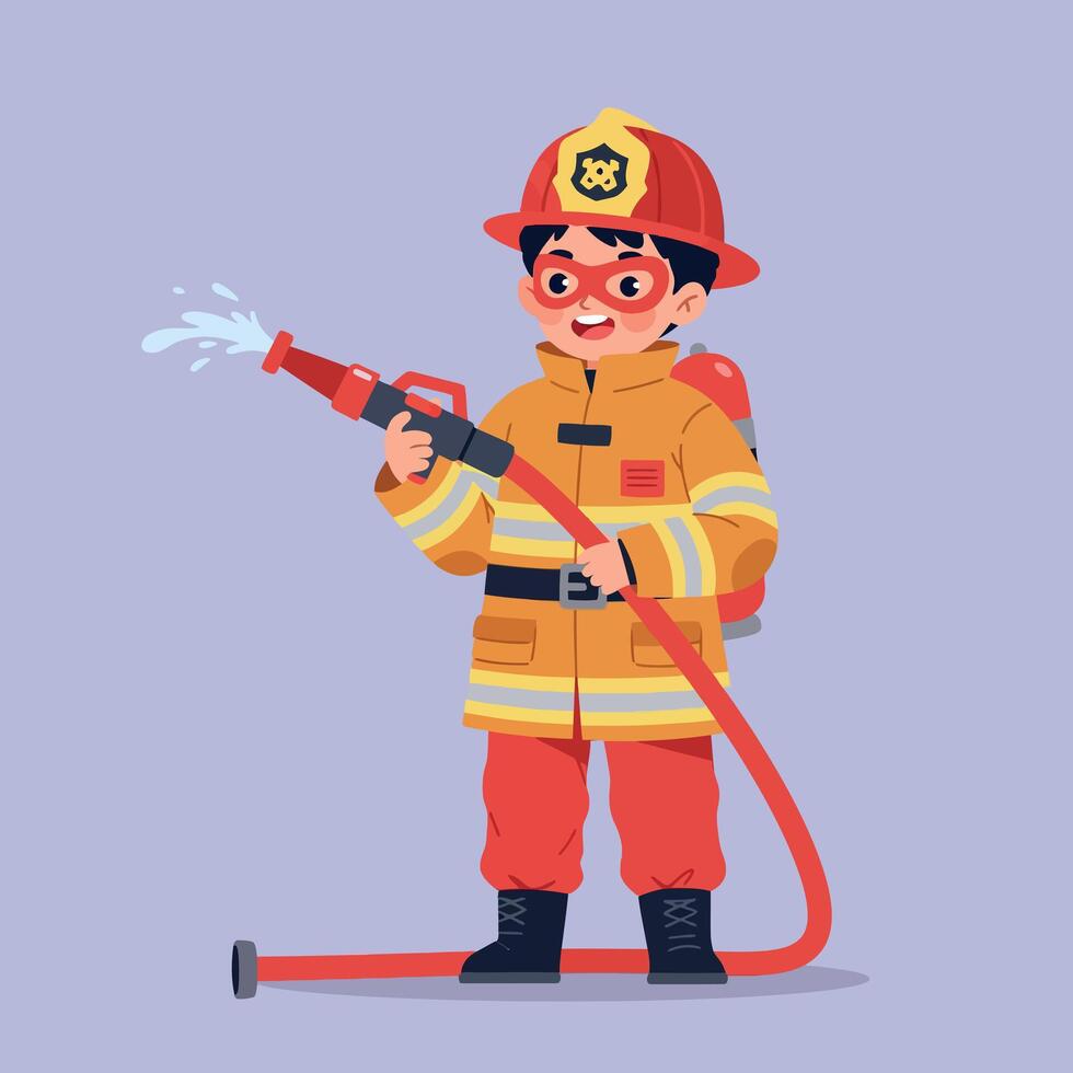 Young boy dressed as a firefighter in bright uniform spraying water with a hose in playful art vector