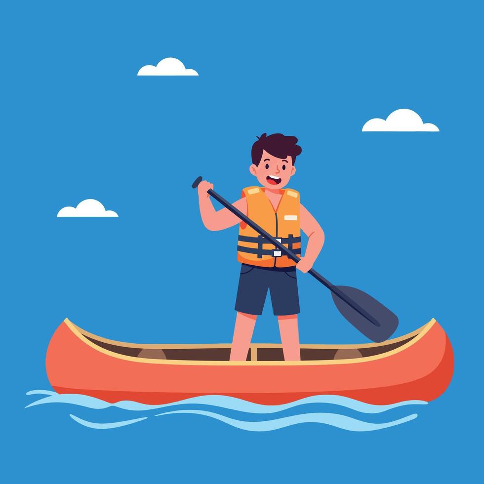 A young man kayaking on a bright blue lake with a joyful expression, surrounded by fluffy clouds, in a flat illustration vector