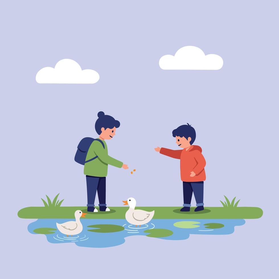 Children feeding ducks by a tranquil pond in a flat, colorful illustration capturing joy and connection with nature vector