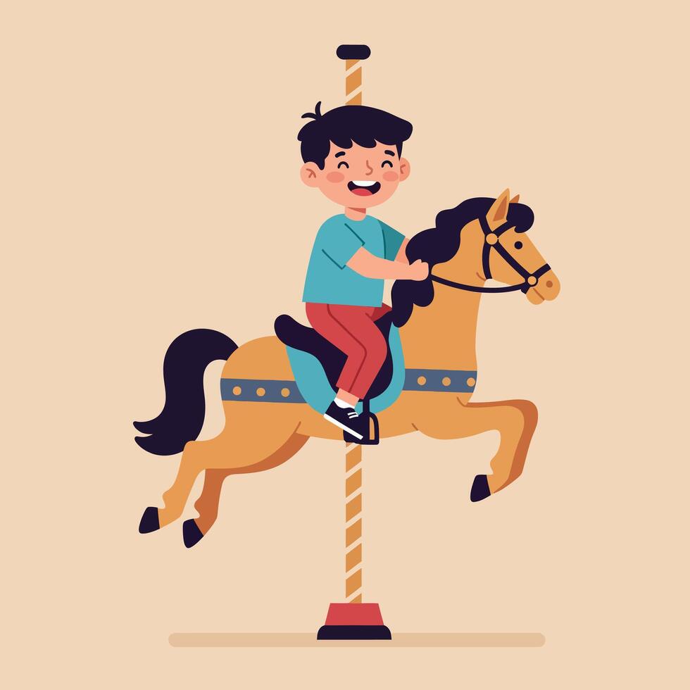 A cheerful boy riding a golden carousel horse in a flat, playful design style showcasing excitement and joy in art vector