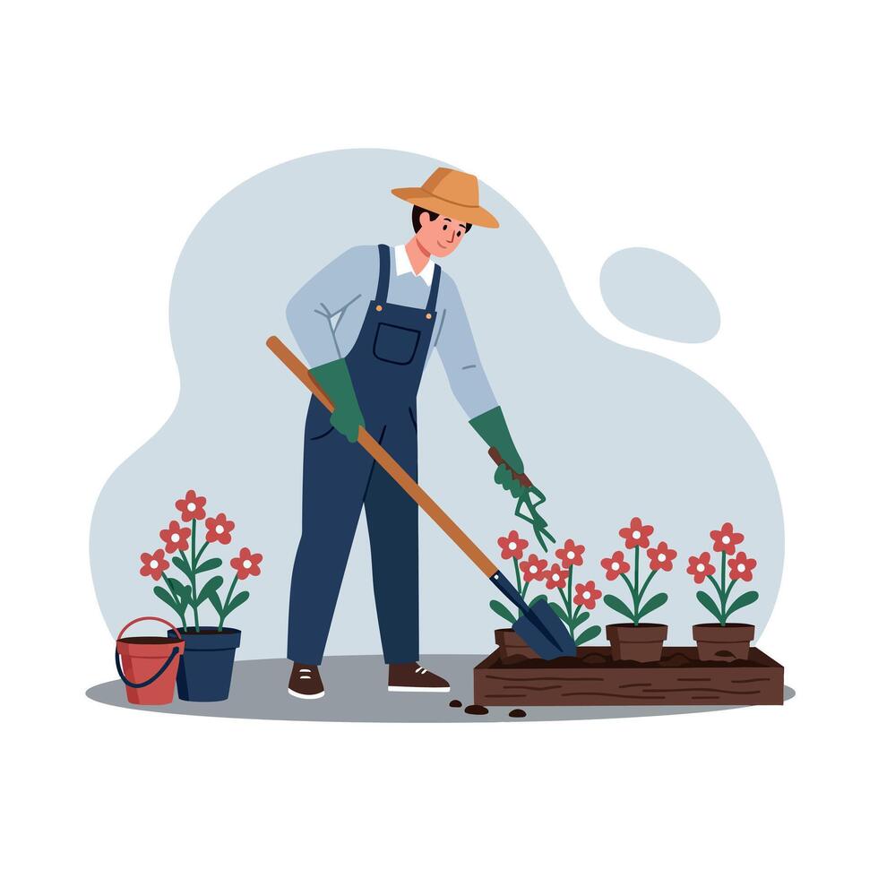 A gardener in a straw hat tending to vibrant flowers with a shovel in a flat, cheerful illustration vector