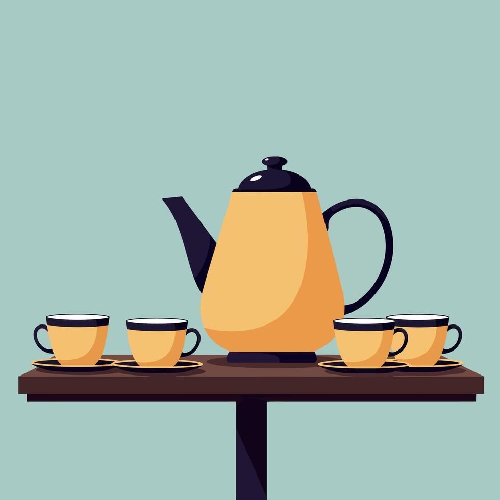 A vibrant yellow teapot with matching cups elegantly arranged on a wooden table, showcasing a minimalistic design in a soothing atmosphere, art vector