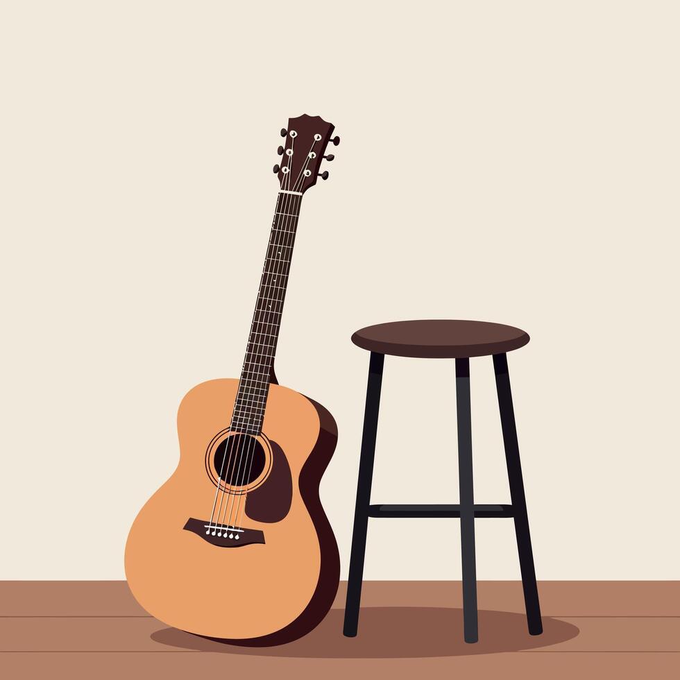 Acoustic guitar resting against a black stool in a minimalistic interior setting showcasing a flat design illustration vector