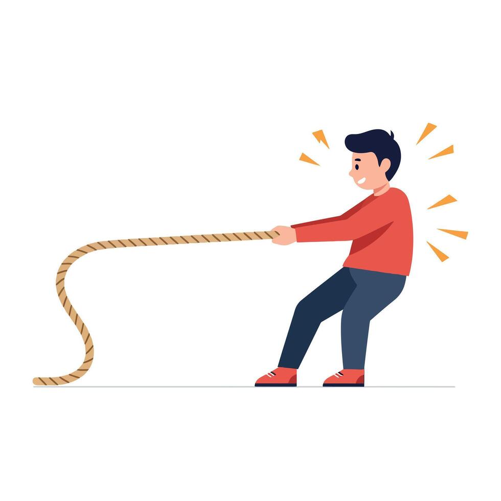 A young boy enthusiastically pulling a rope in a playful tug-of-war competition, showcasing a colorful flat illustration vector