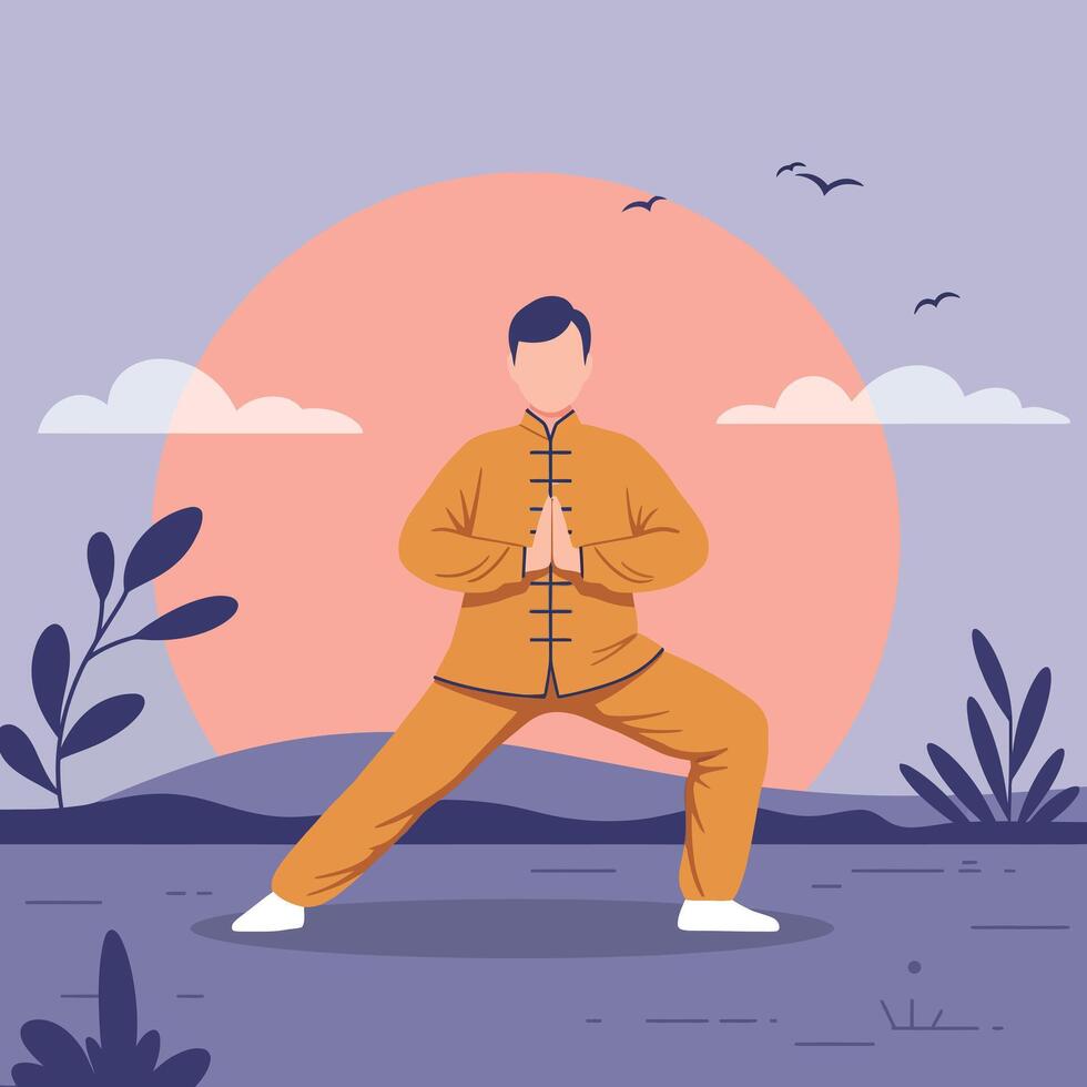 A person practicing Tai Chi in an orange outfit during sunset in a tranquil setting, flat art vector