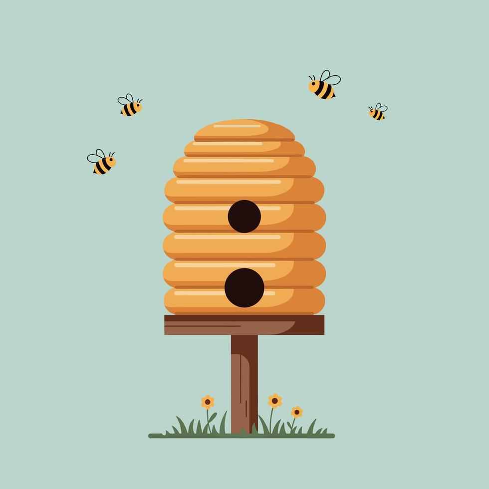 A vibrant beehive surrounded by buzzing bees in a flat and minimal design style showcasing natures harmony in art vector
