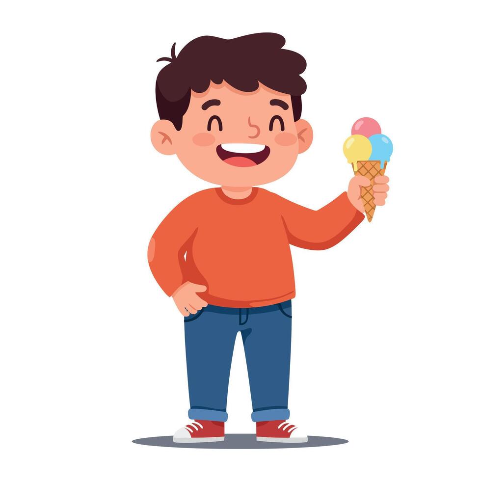 Cheerful young boy with dark hair holding colorful ice cream cone in flat illustration style, radiating happiness and joy in a playful setting vector