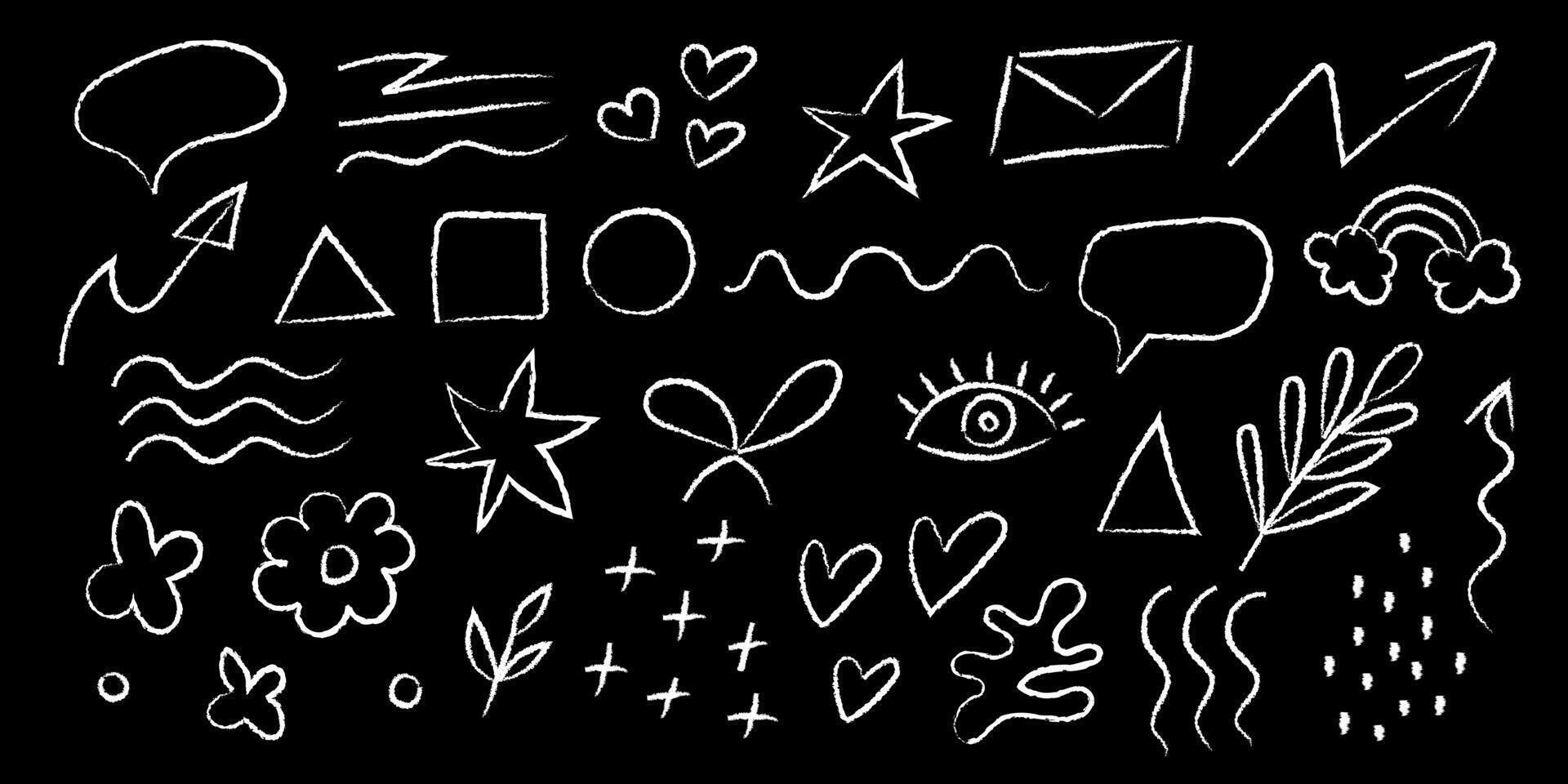 Charcoal doodle art featuring various shapes and symbols on a dark background vector