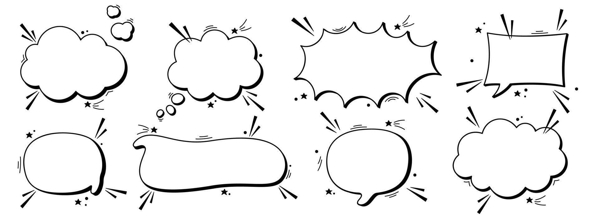 Set of eight black and white speech bubbles with kawaii details. vector