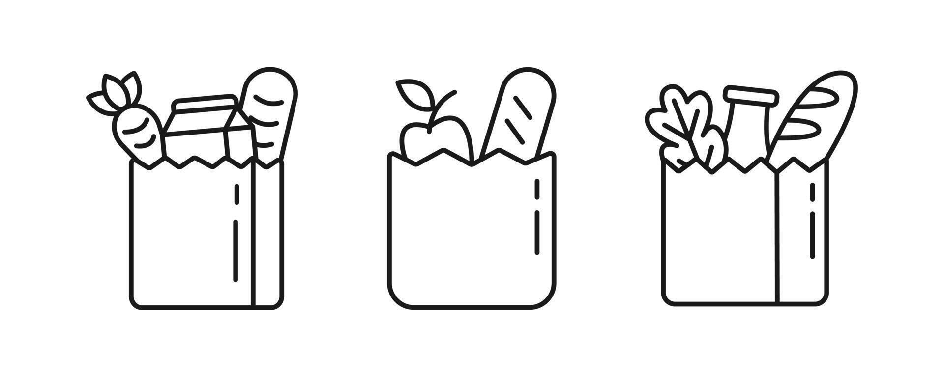 Grocery bag icon set. Shopping bag with groceries symbol. Store, supermarket, delivery, promotion, shopping cart. Editabe line vector