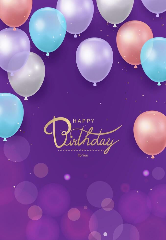 Purple background with golden happy birthday greeting and many colorful balloons flying, upright vector