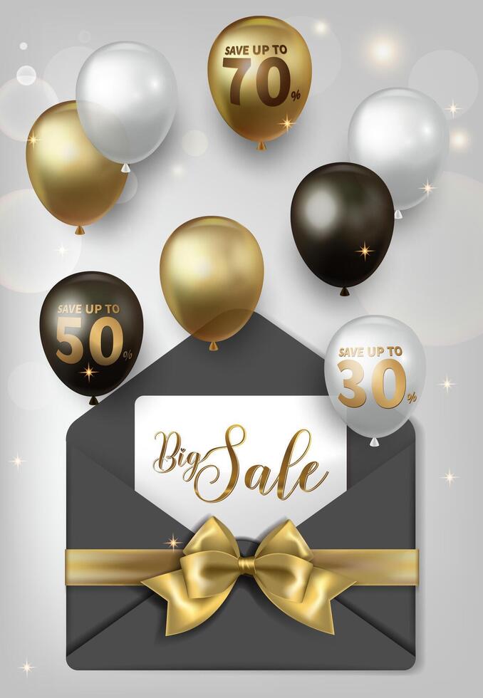 The opened black envelope contains a card with big sale written on it, and balloons with discounts flying out. vector